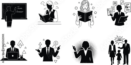 Silhouettes of teachers, students, and professionals in education and learning scenes, classroom illustrations, career development, training vector set