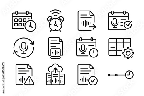 Podcast Scheduling Icons. Line style icons of podcast scheduling: calendar with clock, publish timer, release plan, weekly slot