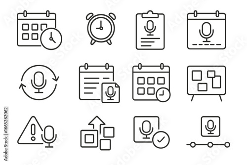 Podcast Scheduling Icons. Line style icons of podcast scheduling: calendar with clock, publish timer, release plan, weekly slot