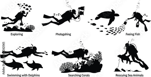 Silhouettes of scuba divers underwater, exploring ocean life, feeding fish, swimming with dolphins, rescuing animals, marine activities vector illustrations