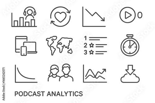 Podcast Analytics Icons. Line style icons of podcast analytics: listener graph, engagement rate, drop-off chart, play count,
