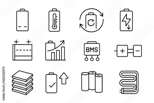 EV Battery Icons. Line style icons of EV battery technology: lithium-ion cell, battery temperature icon, battery cycle count,