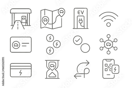 EV Charging Icons. Line style icons of EV fast charging networks: highway station icon, EV route map, supercharger icon, network