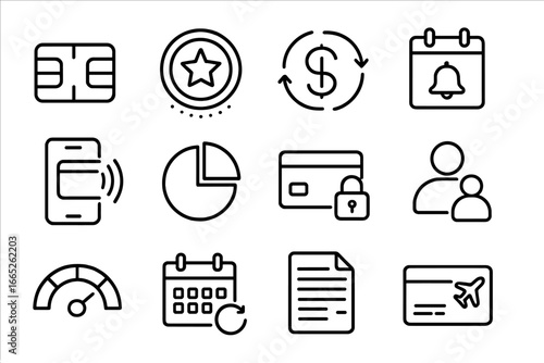 Smart Credit Card Icons. Line style icons of smart credit card use: credit card chip, reward points icon, cashback badge, due date