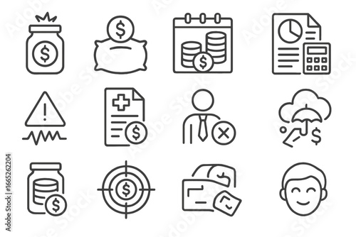 Emergency Fund Icons. Line style icons of emergency fund planning: emergency jar icon, financial cushion icon, 3-month expenses