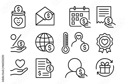 Charitable Giving Icons. Line style icons of charitable giving and tithing: donation jar, tithe envelope, giving calendar,
