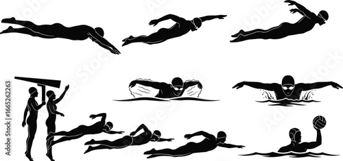 Swimming and water sports silhouettes, swimmer diving, freestyle, butterfly stroke, water polo player, pool, athletic aquatic sports vector set