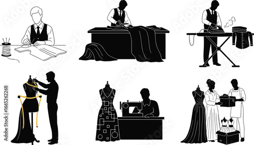 Tailor and dressmaker silhouette set, sewing, measuring, ironing, fabric cutting, dress design, garment making, fashion atelier vector illustration