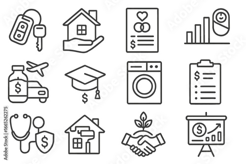 Life Purchase Icons. Line style icons of major life purchases: first car key, home down payment, wedding budget icon, baby costs