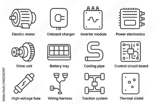EV Component Icons. Line style icons of EV component icons: electric motor, onboard charger, inverter module, power electronics