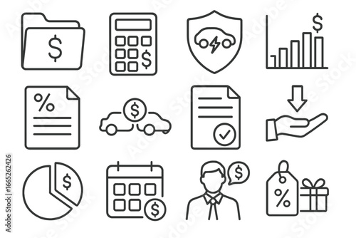 EV Financing Icons. Line style icons of EV purchase financing: loan option file, monthly payment calculator, EV leasing badge,