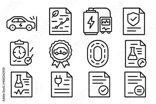 EV Testing Icons. Line style icons of EV testing and regulation: crash test icon, emission compliance chart, battery test lab,