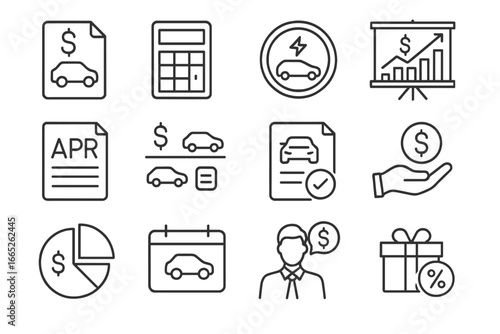 EV Financing Icons. Line style icons of EV purchase financing: loan option file, monthly payment calculator, EV leasing badge,