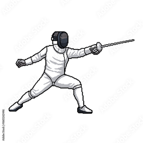 A fencer in a white uniform, wielding a foil, in a dynamic attacking stance.