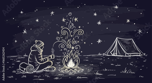 Nighttime camping sketch with bonfire, tent, stars, and traveler drinking tea