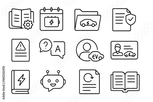 EV Owner Support Icons. Line style icons of EV owner support tools: maintenance logbook, charge stats calendar, digital garage