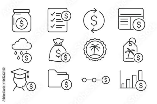 Savings Icons Collection. Line style icons of saving for future: emergency fund jar, savings plan checklist, auto-savings icon,