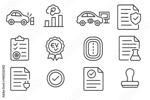 EV Testing Icons. Line style icons of EV testing and regulation: crash test icon, emission compliance chart, battery test lab,