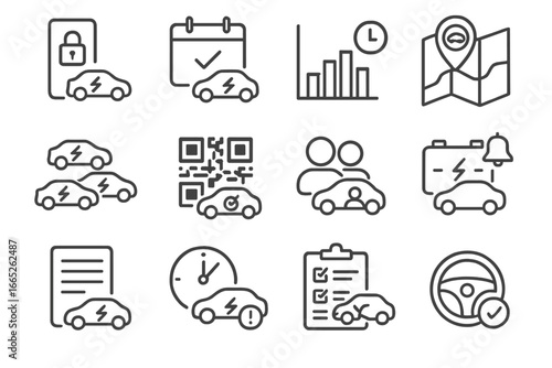 EV Car Sharing Icons. Line style icons of EV car sharing services: vehicle unlock app, reservation icon, hourly pricing chart,