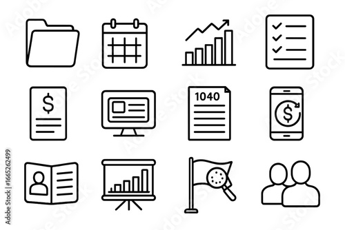 Tax Essentials Icons. Line style icons of tax essentials: tax return folder, tax calendar icon, tax bracket graph, deduction