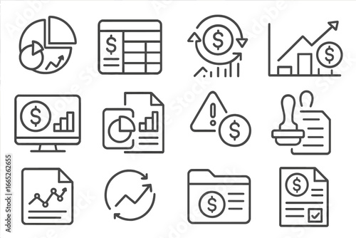 Marketing Budget Icons. Line style icons of marketing budget management: budget allocation chart, spending tracker sheet, ROI