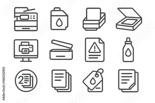 Printing Tools Icons. Line style icons of printing and copying tools: multifunction printer, ink cartridge icon, paper tray level,