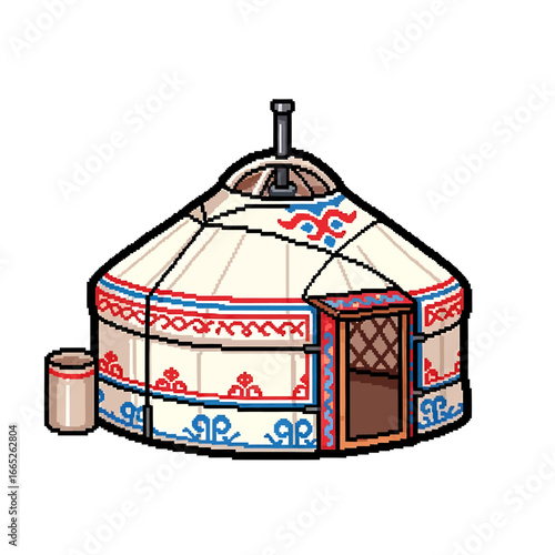 A pixel art illustration of a traditional yurt, featuring decorative patterns and a simple design.
