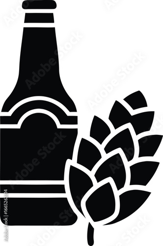 Black silhouette of a beer bottle with a hop cone 