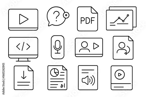 Online Learning Icons. Line style icons of online learning content formats: video tutorial icon, interactive quiz tag, PDF