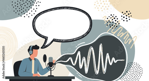 Podcast recording illustration with speech bubble and sound wave visualization for promotion or