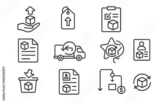 Returns and Exchanges Icons. Line style icons of returns and exchanges: return request icon, pickup label tag, return approval