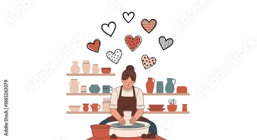 Pottery passion: a woman crafts art with love in a whimsical illustration