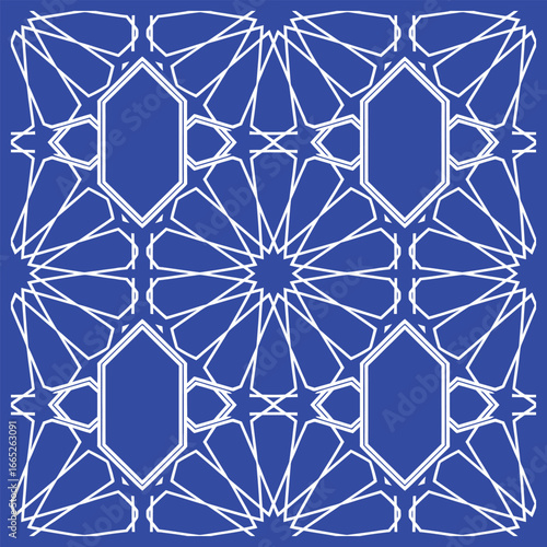 Geometric islamic seamless pattern on cobalt blue