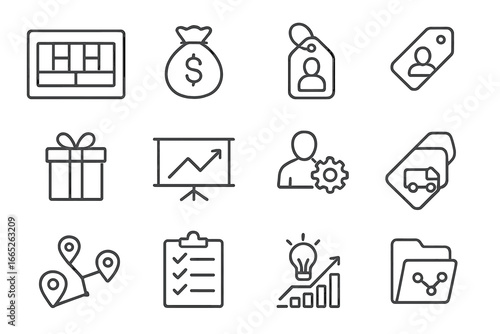 Business Model Icons. Line style icons of business model design: lean canvas sheet, revenue stream icon, customer segment tag,