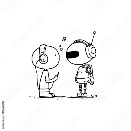 Robot and human listening music together with headphones sharing song vector illustration design concept art