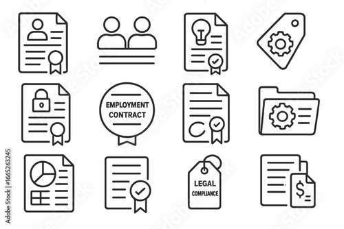 Startup Legal Icons. Line style icons of startup legal documents: incorporation form, founder agreement icon, IP rights sheet,