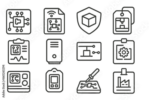 Tech Startup Icons. Line style icons of tech startup hardware and prototyping: circuit board icon, IoT device file, CAD prototype