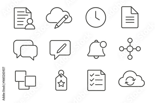 Digital Collaboration Icons. Line style icons of digital collaboration: shared document icon, cloud edit symbol, version history,