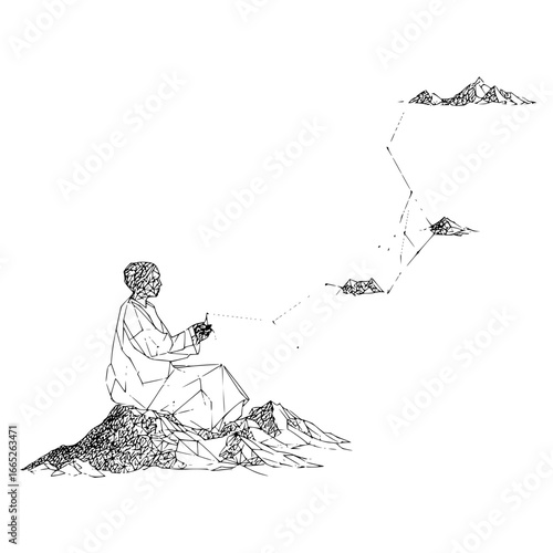Geometric art of person on mountain peak controlling drones in black and white line drawing style design