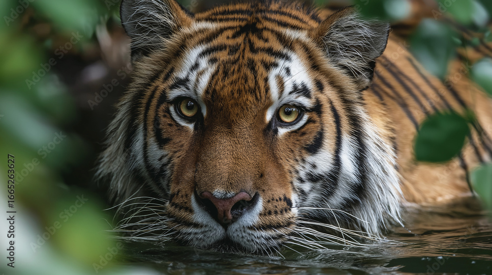 Fototapeta premium Bengal Tiger stalking water surface , in the forest 