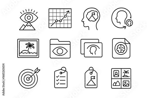 Goal Visualization Icons. Line style icons of goal visualization: goal vision icon, success path chart, mental image board, dream