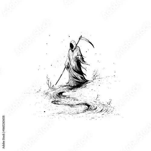 Grim reaper illustration death artwork halloween scythe drawing spooky dark fantasy monochrome art design 100