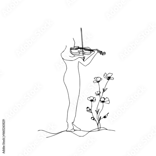 Minimalist violin player line art with flower drawing for music lovers and art collectors design idea