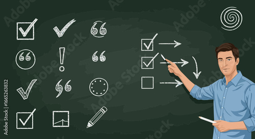 Presentation on chalkboard displaying checkmarks and symbols for business strategies
