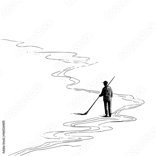 Black and white illustration of a street cleaner sweeping on a winding path illustration vector design