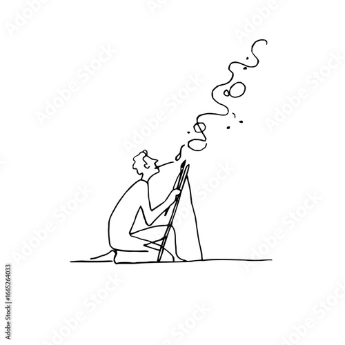 Minimalist line art of artist smoking pipe painting on canvas drawing sketch artwork vector illustration design