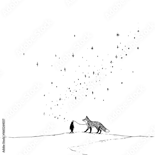 Fox and boy illustration drawing with stars in black and white minimal art design for print and decor use