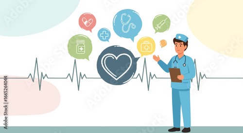 Professional medical illustration featuring a doctor surrounded by healthcare icons and ekg line