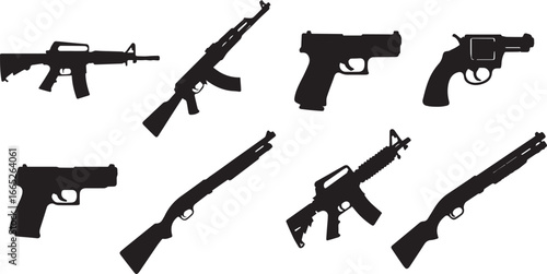 Assortment of Weapon Silhouettes - Black Solid Shapes of Military and Historic Arms Isolated on White