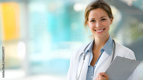 Free Download Smiling doctor holding clipboard in hospital setting - GFXLoad